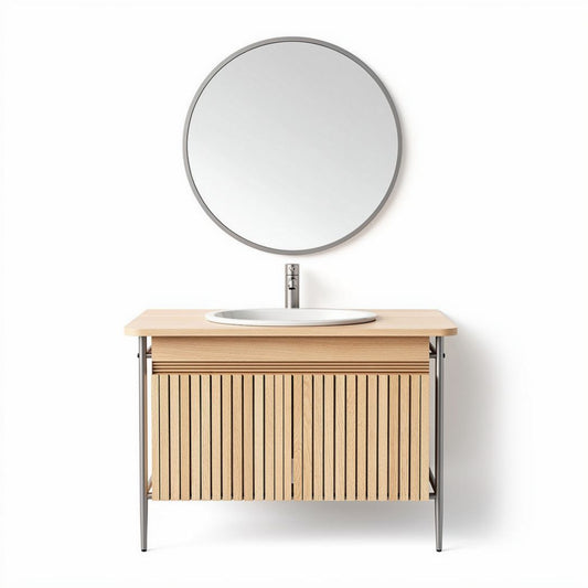 Meuble de salle de bain en bois clair avec lavabo rond et miroir 70 x 45 x 85cm