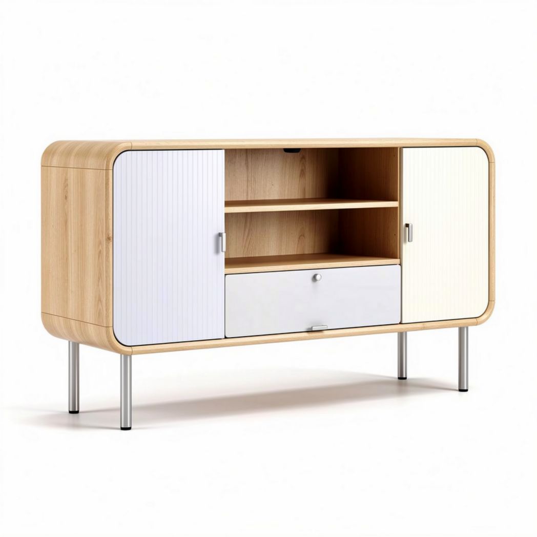 Meuble de rangement en bois avec portes en blanc et beige 120 x 40 x 80cm