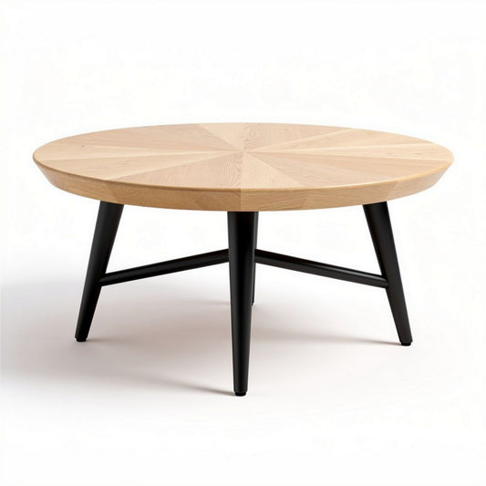 Table basse ronde en bois de chêne naturel avec pieds en métal noir 80 x 80 x 40cm