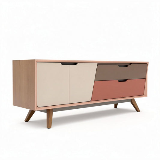 Meuble TV en bois avec tiroirs en couleur pastel dimensions 150 x 40 x 70cm