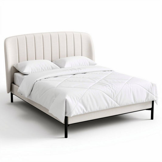 Lit en tissu beige avec sommier en métal 190 x 150 x 100cm