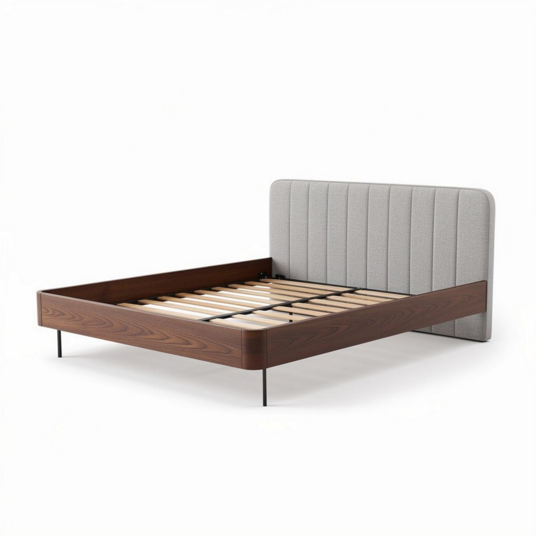 Lit double en bois avec tête de lit rembourrée en tissu gris 200 x 160 x 100cm