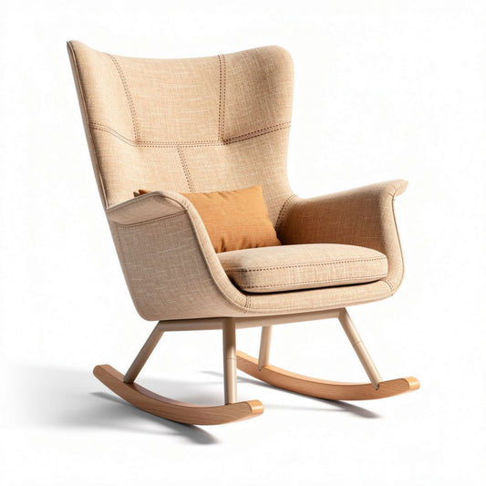 Fauteuil à bascule en tissu beige avec coussin confort dimensions 80 x 70 x 100cm